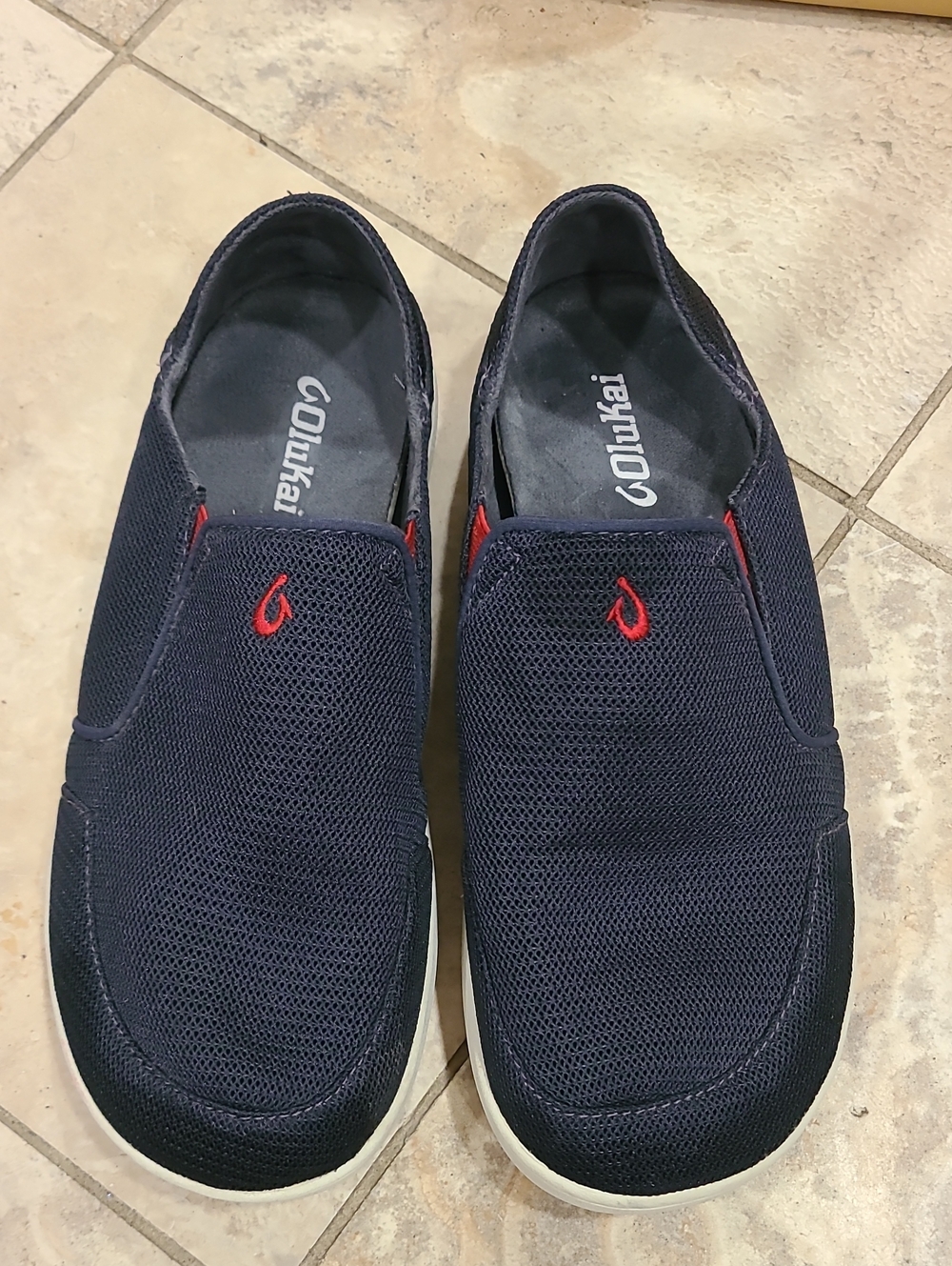 OluKai Navy Slip-On Loafers with Red Accents